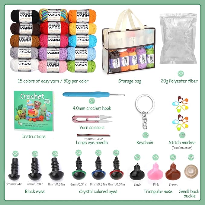 Completed Beginner Yarn, Yarns for Crocheting, Easy Yarns, 15 Pack Crochet Yarn with Easy-to-See Stitches for Beginners Crochet Kit