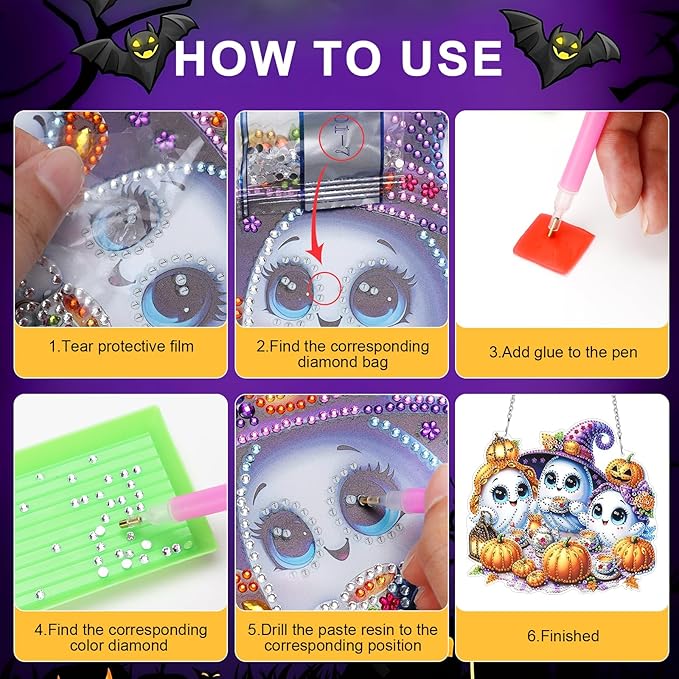 MUNORIAY Diamond Art Hanging Kit for Adult,Special Shaped Rhinestone,5D DIY Acrylic Double Sided Diamond Art Painting Window Pendants,Home Garden Wall Decor Hanging Ornament (Halloween Ghost)
