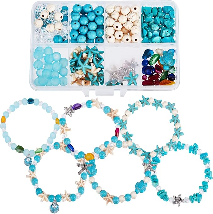 SUNNYCLUE 1 Box 6 Pcs Boho Style 8mm Summer Ocean Turtle Beads Adjustable Beading Bracelet Making Kit Synthetic Turquoise Starfish Beads for Jewelry Making Sea Shell Charms Alloy Starfish Charm