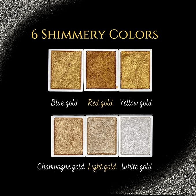 Golden Artistry: 6 Metallic Watercolor Paints Including Lustrous Gold for Professional Artwork
