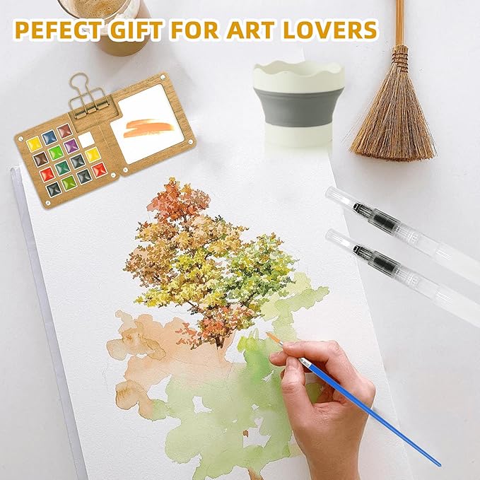 Mini Watercolor Paint Set, Portable Travel Watercolor Kit with 24 Colors, 3 Brushes, Sketchbook and Copper Clip, Pocket Art Supplies for Beginners, Artists, Painting Enthusiasts
