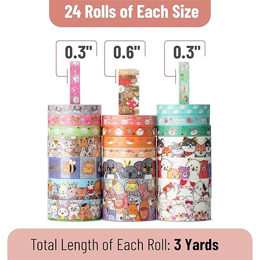 Mr. Pen- Cute Washi Tape Set - 24 Rolls Kawaii Animals Gold Foil Decorative Masking Tape for Journaling, Scrapbooking, Kids DIY Crafts, Aesthetic Supplies, Planners, Bullet Journal