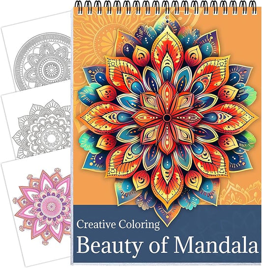 CKMOREL Spiral Bound Adult Coloring Book, Mandala Coloring Book for Adults, Thick Paper, 24 Pages, Single-Sided, Mindfulness Gift for Women