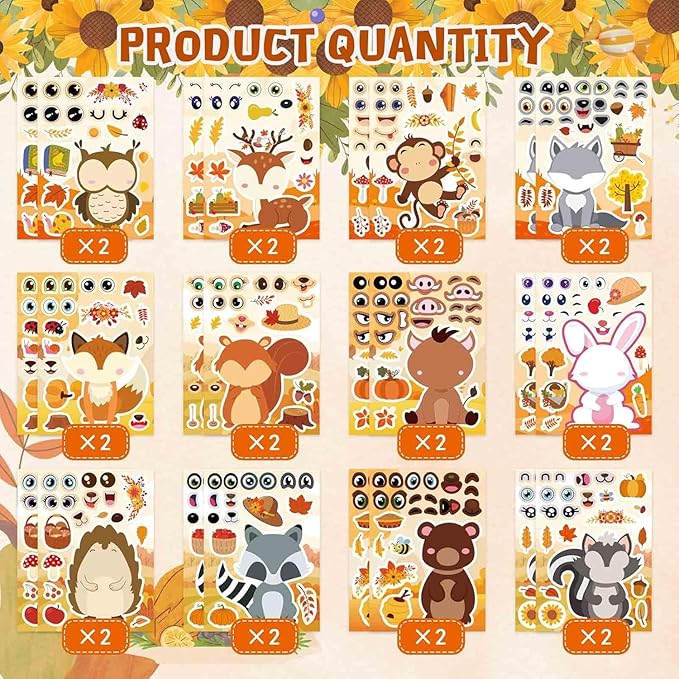24 sheets fall stickers, make-a-face sticker, fall animal stickers for kids make your own animal mix and match sticker sheets kids party favor supplies craft