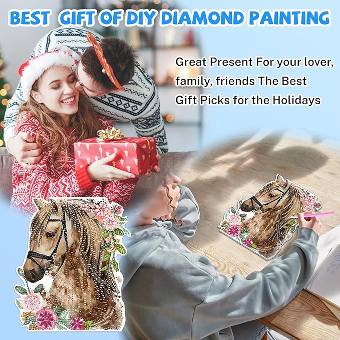 Bowetile Horse Diamond Art Hanging Kits for Adults, 5D Special Shape Diamond Painting Flowers Pendant Kits, Animal Gem Art Suncatchers Painting Ornament for Home Garden Wall Decor