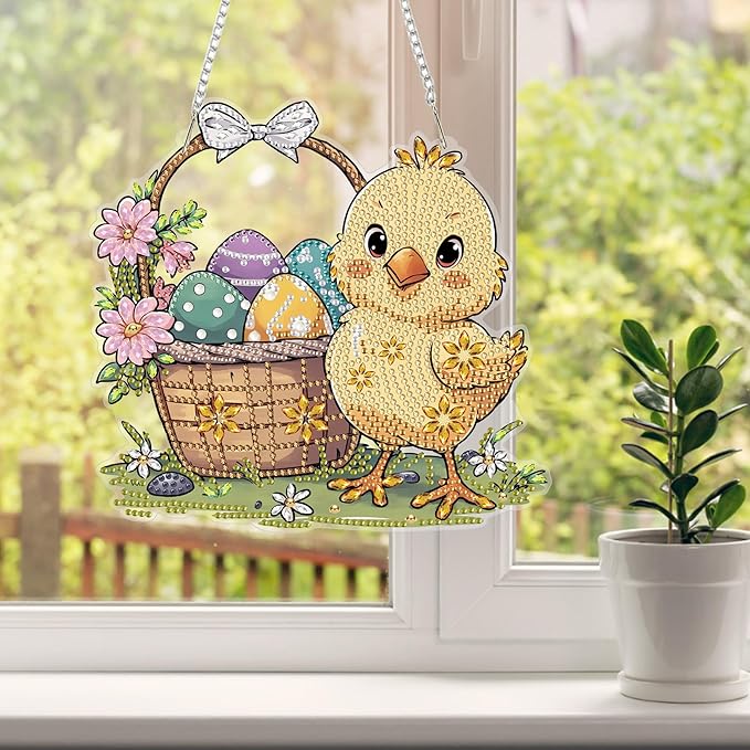 HEIBAGO Easter Diamond Art Hanging Kits for Adults, Diamond Art Suncatchers Chick, 5D Special Shape Diamond Painting Pendant, DIY Window Ornament Gifts for Home Garden Door Wall Decor 8.3 x 8.3 Inch
