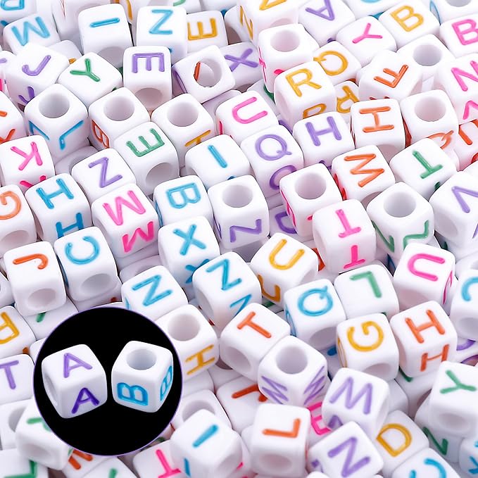 Augshy 1400pcs 5 Color Cube Alphabet Beads Bracelet Letter Beads for Bracelets Making with 1 Roll 50M Crystal String Cord for Jewelry Making（6mm）