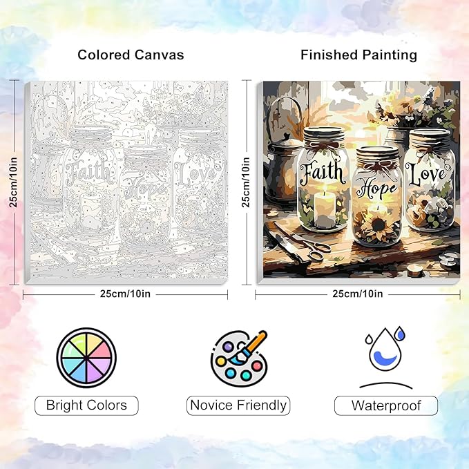 Framed Paint by Numbers Kit for Adults Beginner & Kids Ages 8-12, Faith, Hope, Love Wishing Bottle Paint by Numbers Without Easel, DIY Number Painting for Adults for Home Wall Decor Gift 10x10 inch