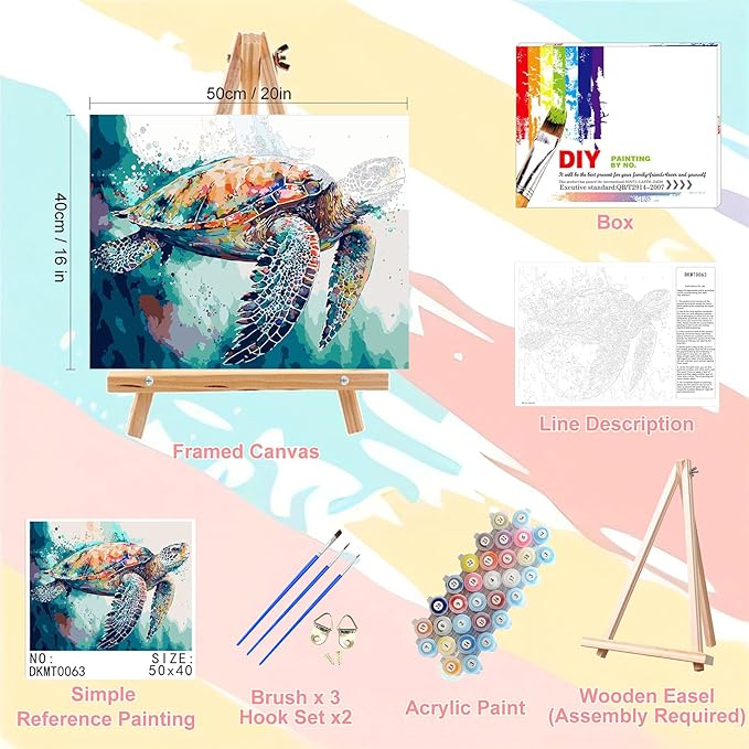 Sea Turtle Paint by Numbers for Adults with Framed Canvas-with Wooden Easel,Turtle Paint by Number on Canvas,DIY Acrylic Oil Painting Kits with Brushes Nice Gift Box for Home Wall Decor(16x20inch)