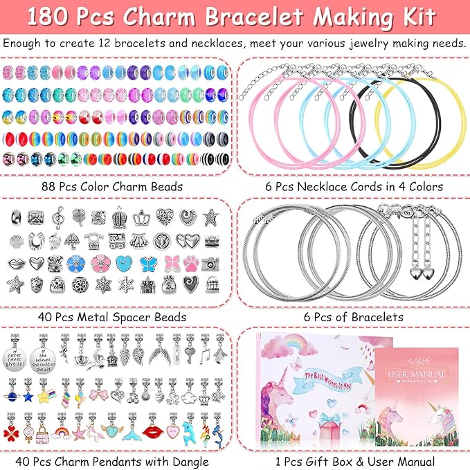 180 Pcs Charm Bracelet Making Kit for Girls, Unicorn Mermaid Crafts Gifts Set Charm Bracelets Kit DIY Arts & Crafts Making Supplies with Beads, Pendant, Bracelets, Necklace Cords Gift for Teens Girls