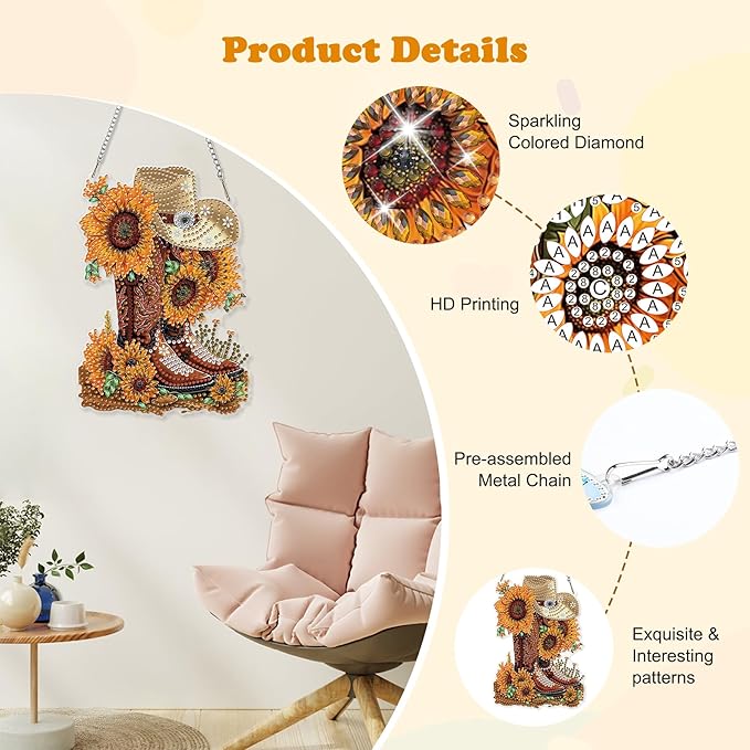 HEIBAGO Cowboy Boot Diamond Art Hanging Kits for Adults, Sunflower Diamond Art Suncatchers, 5D Special Shape Diamond Painting Pendant Window Ornament Gifts for Home Garden Door Wall Decor 8.3 x 8.3 In