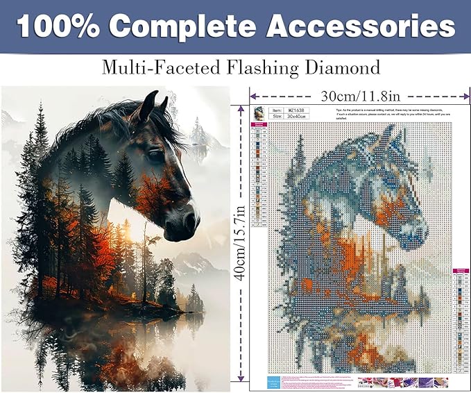 ijbnhd Horse Diamond Art Kits for Adults, 5D Horse Diamond Painting Kits for Adults Beginners, DIY Full Round Drill Forest Gem Arts Craft for Home Wall Decor 12 X 16Inch