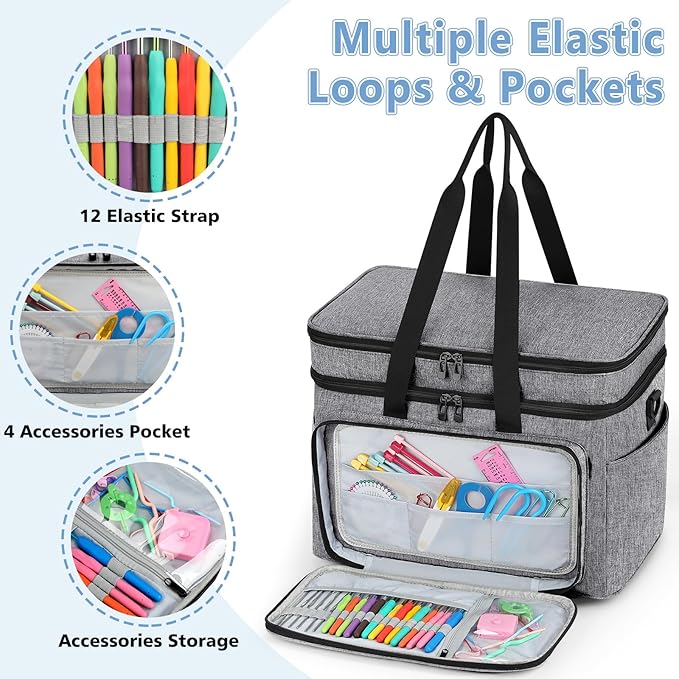 IBFUN 3PCS Crochet Bag with Wrist Yarn Holder, Large Yarn Storage Tote Waterproof Knitting Bag Organizer with Adjustable Strap for Hooks, Needles (Up to 14"), Accessories, Crochet Lovers, Tangle-Free