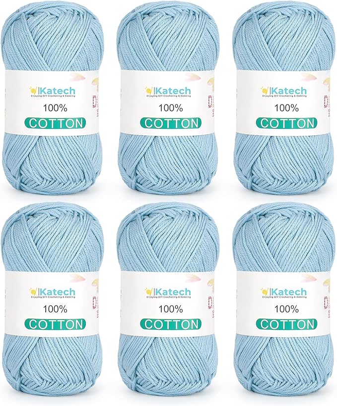 Katech Pure Cotton Yarn for Crocheting & Knitting–Soft Sport Weight CYC #2, 6 Skeins (50g Each, 300g Total), Ideal Crochet Yarn for Dishcloths, Baby Clothes, Socks, Lightweight Scarves（Lake Blue