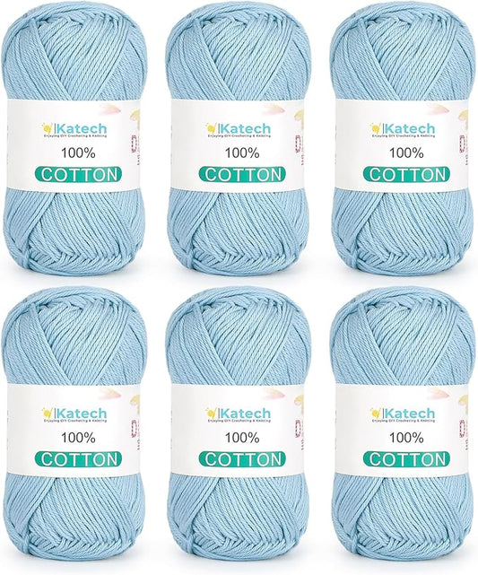 Katech Pure Cotton Yarn for Crocheting & Knitting–Soft Sport Weight CYC #2, 6 Skeins (50g Each, 300g Total), Ideal Crochet Yarn for Dishcloths, Baby Clothes, Socks, Lightweight Scarves（Lake Blue