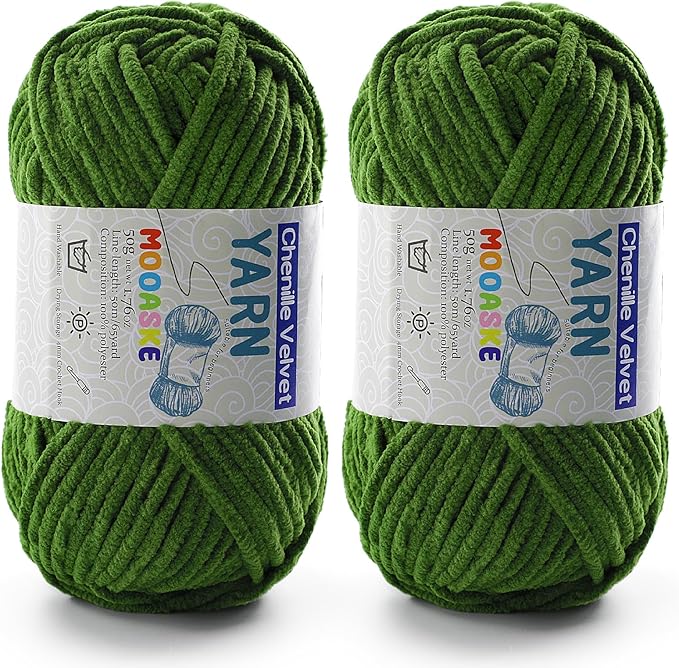 Chenille Yarn for Crocheting - Army Green, 50g/1.76oz, 60m/65yard, 2 Packs