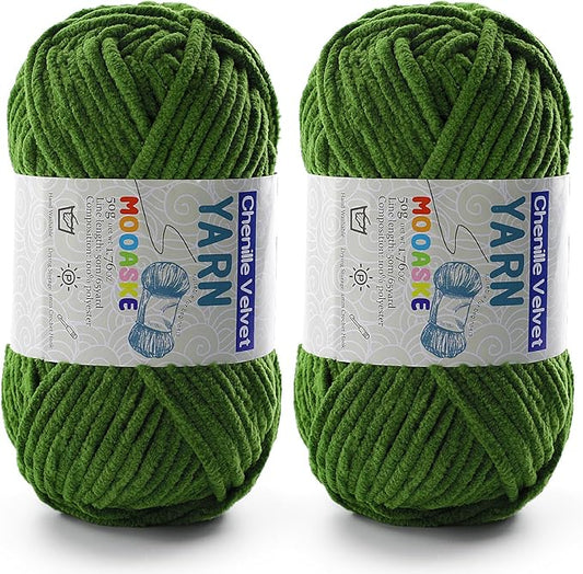 Chenille Yarn for Crocheting - Army Green, 50g/1.76oz, 60m/65yard, 2 Packs