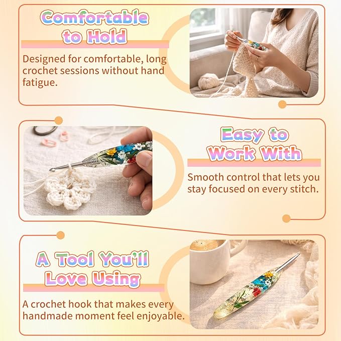 Reessy 6.0mm Crochet Hook with Floral Resin Handle – Ergonomic Grip & Hand-Polished Stainless Steel Tip – Smooth Glide Crochet Hook for Beginners, Arthritic Hands & Gifts (J-6.0mm)