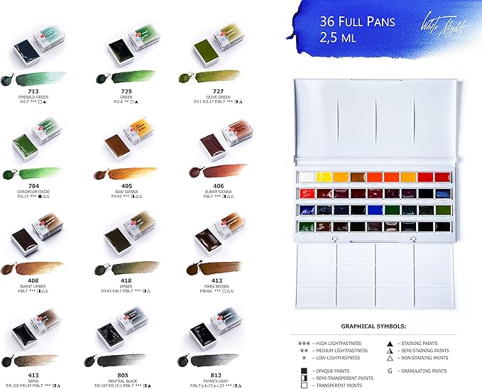 White Nights Professional Watercolor Set 36 Full Pans of Extra Fine Artist Grade Pigments, Vibrant Lightfast Colors in Durable Plastic Box by Nevskaya Palitra