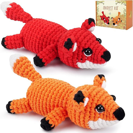 fortuning's jds crochet kit for beginners - 2 pcs fox crochet kits with step-by-step video tutorials, beginner crochet kit for adults, crochet animal kit, crochet fox set
