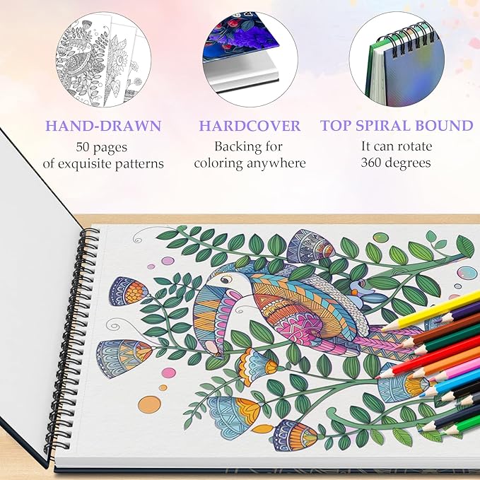Hardback Covers Thick Paper Adult Coloring Book for Women Relaxation, Spiral Bound Coloring Book Hand-Drawn Design with 50 Pages, Mindfulness Gifts for Women to Relax - Garden Whispers