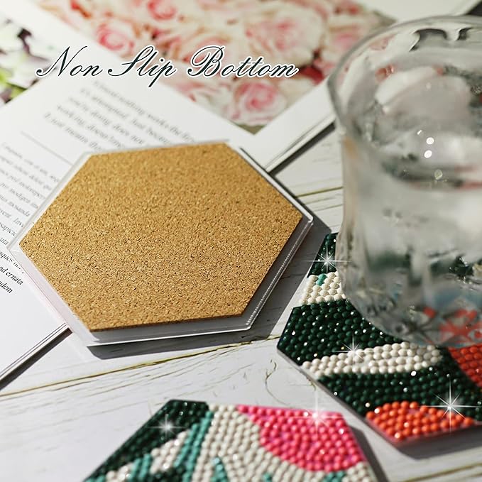 Temlum 6 Pcs Diamond Painting Coasters with Holder, Flower Diamond Art Coasters Diamond Small Painting Kits for Beginners, Adults Art Craft Supplies