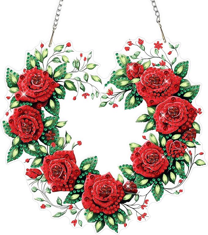Valentine's Day Diamond Art Hanging Ornaments Kits for Adults, Roses Diamond Painting Pendant Kits, DIY Acrylic 5D Special Shaped Crystal Gem Art Painting Ornament for Home Wall Decor Gift 8x8 Inch