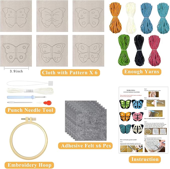 Morledoa Butterfly Punch Needle Coasters Kit, Punch Needle Kits Adults Beginner, Butterfly Coasters Kit Including Adhesive Felt, Yarns, Embroidery Hoop, Instruction