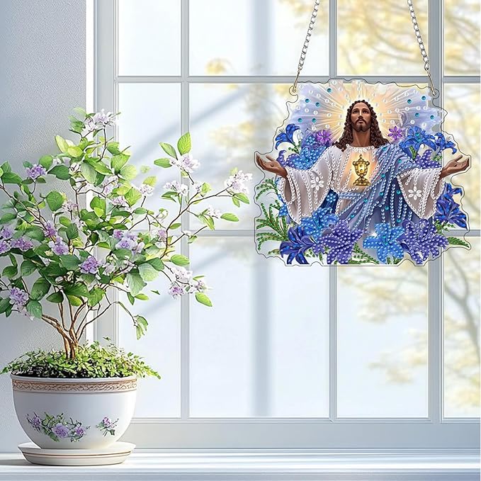 QENSPE Jesus Hanging Diamond Art with Chain, 5D Special Shape Flowers Diamond Paingting Ornaments Kits, Easy DIY Crystal Pendant Gem Art for Home Garden Wall Decor 8X8 inch