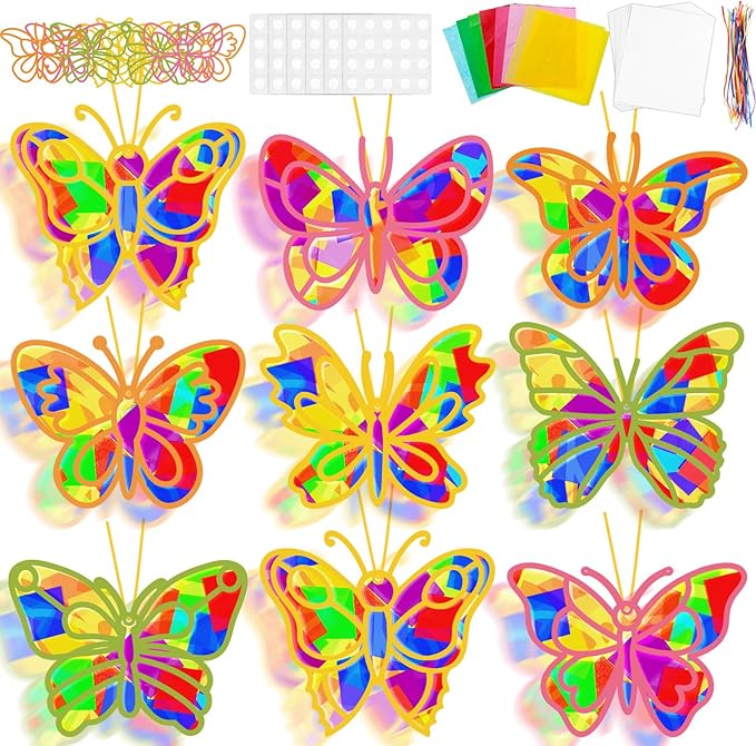 32 Sets Spring Butterfly Suncatchers Craft Kit DIY Window Stained Glass Effect Colorful Butterfly Paper Crafts Home School Classroom Decoration Birthday Gift Creative Art Project & Activity Game