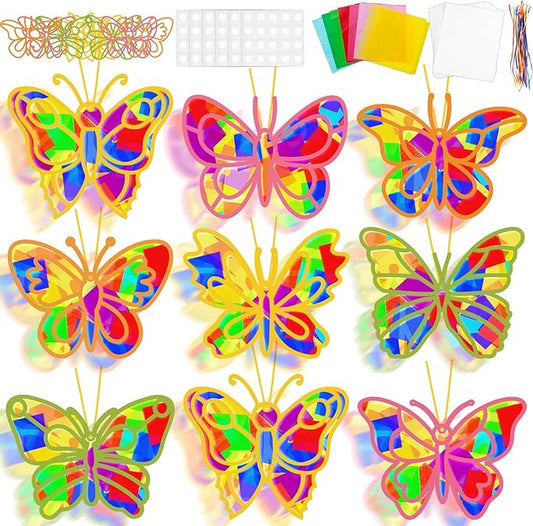 32 Sets Spring Butterfly Suncatchers Craft Kit DIY Window Stained Glass Effect Colorful Butterfly Paper Crafts Home School Classroom Decoration Birthday Gift Creative Art Project & Activity Game