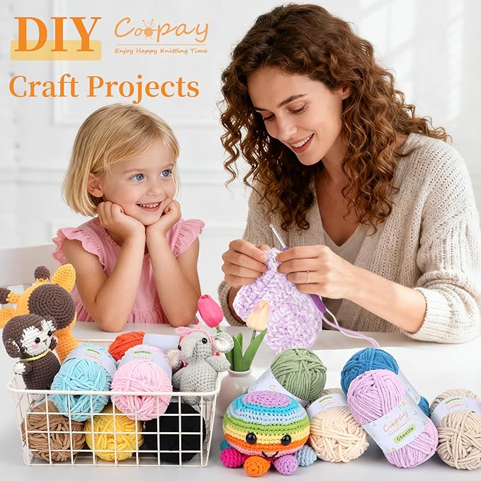 Coopay Chenille Yarn for Crocheting, 12 Pack Medium Weight Yarn - CYC #4 - Total 780yd, Soft Crochet Yarns for Plush Toys, Blankets, Scarves (Black/White)