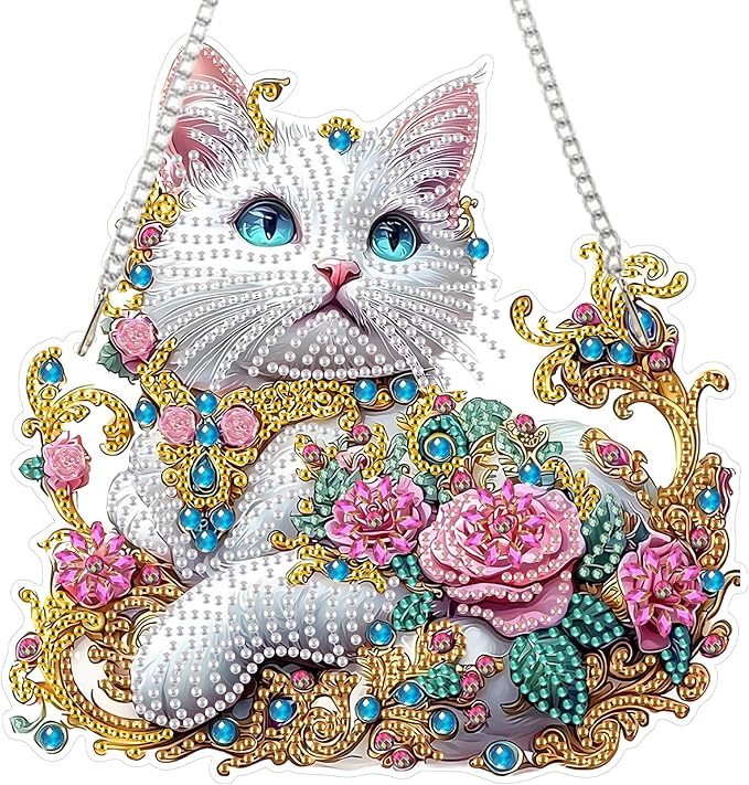 SENQAO Cat Hanging Diamond Art Painting Kits for Adults Beginners, 5D Special Shape Diamond Art Kits, Cat Flower Crystal Rhinestones Diamond Gem Art Painting for Home Garden Wall Decor