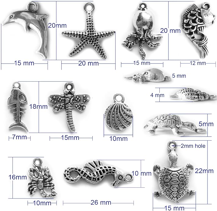 Heather's cf Silver Sea Charms – Antique Pendants, Non-Tarnish, Lead-Free & Nickel-Free, Bulk Ocean Animal Charms for DIY Jewelry, Bracelets, Necklaces, Earrings, Beach Craft Supplies (Sea Animals)