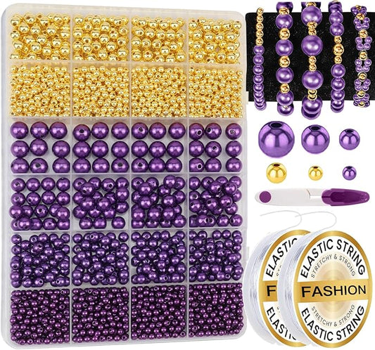 2116 PCS Pearl Beads for Bracelet Making Kit Gold Beads for Jewelry Making Kit Gold Small Spacer Bead Dark Purple Pearl Bead for Crafting Charms Necklace Earrings DIY Craft for Women Adult