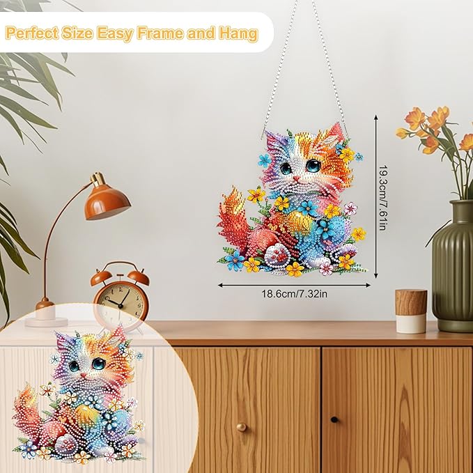 TOSTOG Pretty Cat Flower Diamond Art Pendant Kits for Adult, Cute Diamond Painting Hanging Kit for Beginners, 5D DIY Crafts Gem Art, Waterproof Full Accessories for Home Decor Idea 20 * 20 cm/8 * 8 in