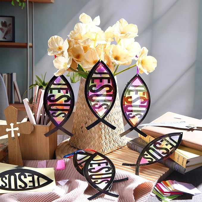 Motipuns 32 Sets Christian Fish Suncatchers Craft Kits DIY Easter Faith Fish Tissue Paper Crafts Religious Stained Glass Effect Tissue Paper Kit for Church Sunday School VBS Window Art