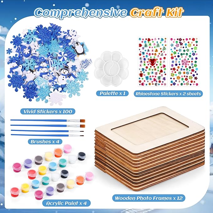 Fovths 12 Packs Winter Picture Frame Painting Craft Kit Frozen Wooden DIY Photo Frame for 4 x 6 inch Photo with 100 Snowflake Stickers Rhinestone Stickers 4 Brushes Set for DIY Paint and Decorate