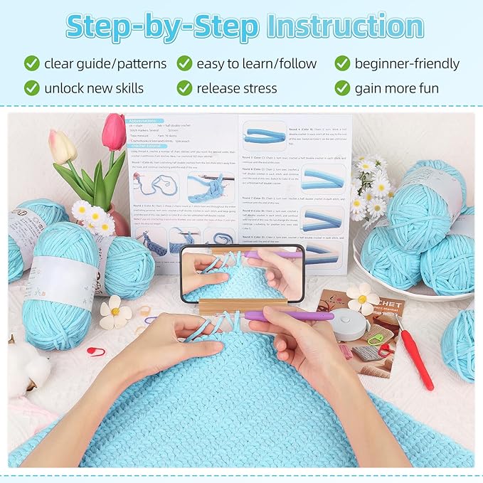 Aeelike Blanket Crochet Kit for Beginners, Easy Crochet Blanket Kit with Soft Chenille Yarns Detailed Instruction Crocheting Accessories Complete Beginners Crocheting Kits, Sea Blue