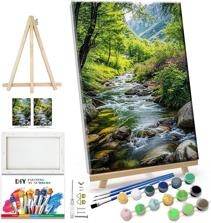 JOOZ Landscape Paint by Numbers Kit for Adults with Frame Mountain Paint by Number with Easel Forest Oil Painting Kits for Home Wall Decor 8 x 12 Inch