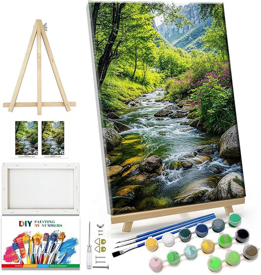 JOOZ Landscape Paint by Numbers Kit for Adults with Frame Mountain Paint by Number with Easel Forest Oil Painting Kits for Home Wall Decor 8 x 12 Inch