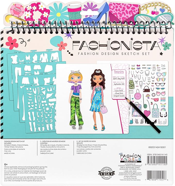 Fashion Angels Fashion Design Sketch Portfolio for Kids - Fashion Design Sketch Book for Beginners, Fashion Sketch Pad with Stencils and Stickers for Kids 6 and Up, Brown