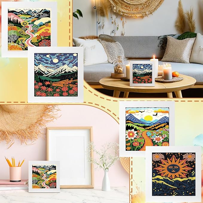Geyoga 4 Pcs Boho Diamond Painting Kits with Frame Adults Sun and Moon Diamond Art Kits for Adults Beginner Kids Landscape Arts and Crafts Abstract Rhinestone Gem Art Table Decor Gift 7x7inch