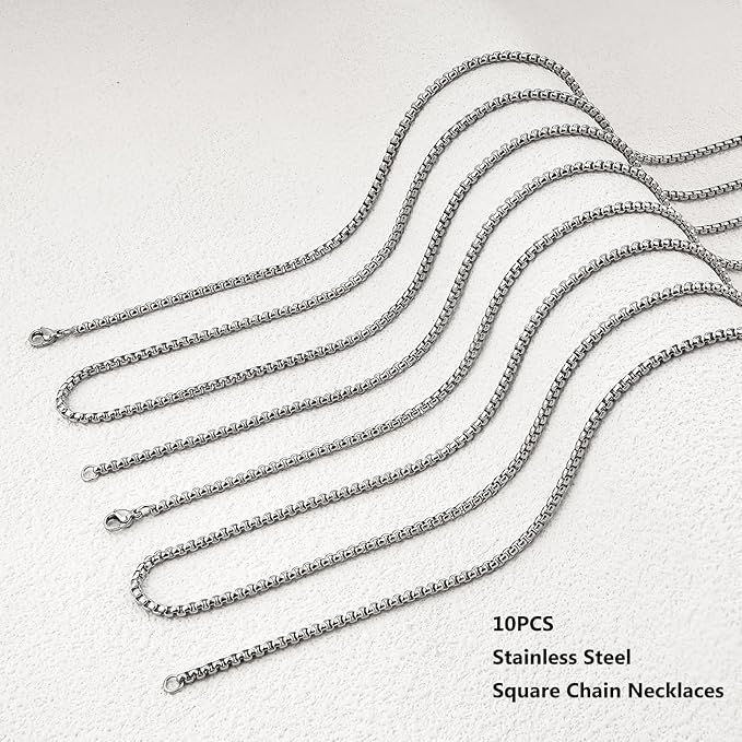 youbeiyee 10 pack necklace for women and men stainless steel square rolo chain necklaces bulk for jewelry making (16inch)