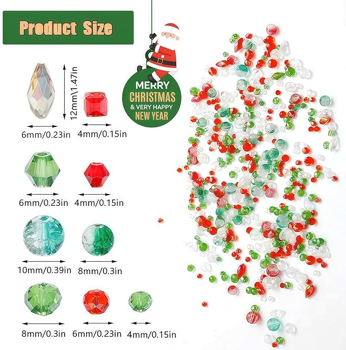 1000pcs Christmas Glass Beads for Jewelry Making Assorted Crystal Beads for DIY Crafts Bracelets Necklaces Earrings and Christmas Decorations Ornament Kits（Red Green White）