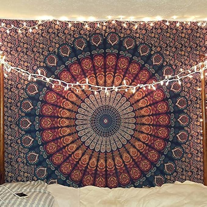 bless international handmade indian hippie bohemian psychedelic peacock mandala wall hanging college dorm beach throws table cloth bedding tapestry (golden blue, poster(30x40inches)(76x101cms))