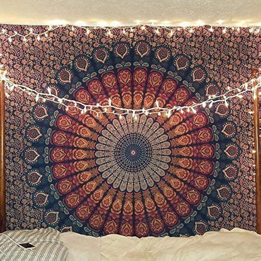 bless international handmade indian hippie bohemian psychedelic peacock mandala wall hanging college dorm beach throws table cloth bedding tapestry (golden blue, twin(54x72inches)(140x185cms))