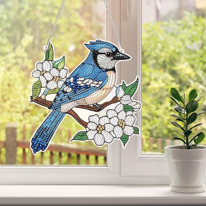 HEIBAGO Bird Hanging Diamond Art Kits for Adults, Flower Special Shaped Crystal Diamond Painting Ornament Kit, DIY Double-Sided Pattern Window Pendant Gem Art Kit for Home Wall Decor 8.3x8.3inch