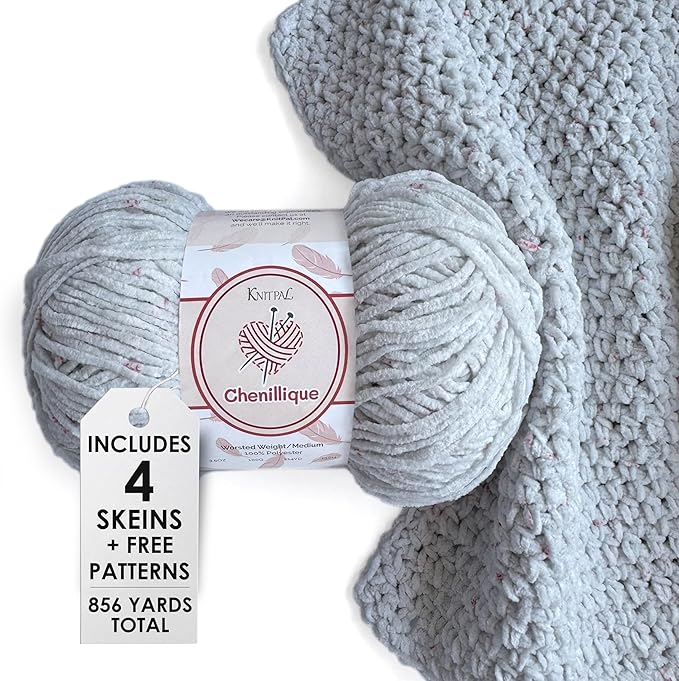 Chenillique Velvet Chenille Yarn for Crocheting, 4 Skeins, 856Yds/400G, Free Patterns, Beginners Friendly - Soft Baby Yarn for Knitting Baby Blanket - #4 Medium Worsted Weight - Cloud Sprinkles