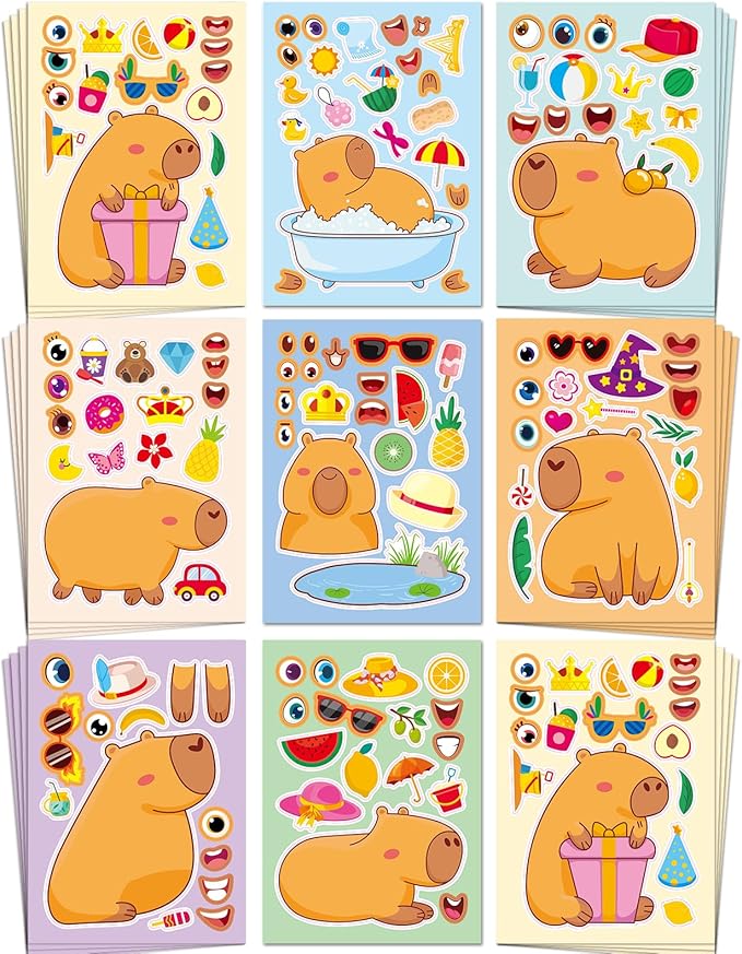 aowplc capybara make-a-face stickers, 32 sheets for kids’ crafts, fun capybara party favors & birthday decorations